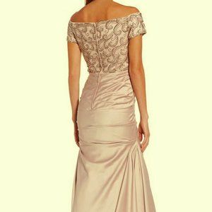 La Femme Champagne Off the Shoulder Beaded Satin Trumpet Gown